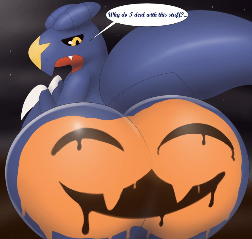 2019 ambiguous_gender anthro big_butt blue_body bodypaint butt butt_focus claws english_text food fruit garchomp halloween hi_res holidays looking_at_viewer looking_back multicolored_body night nintendo outside pandashorts plant pok&eacute;mon pok&eacute;mon_(species) presenting presenting_hindquarters pumpkin raised_tail rear_view red_body sky solo solo_focus speech_bubble standing star starry_sky text thick_thighs two_tone_body video_games yellow_eyes