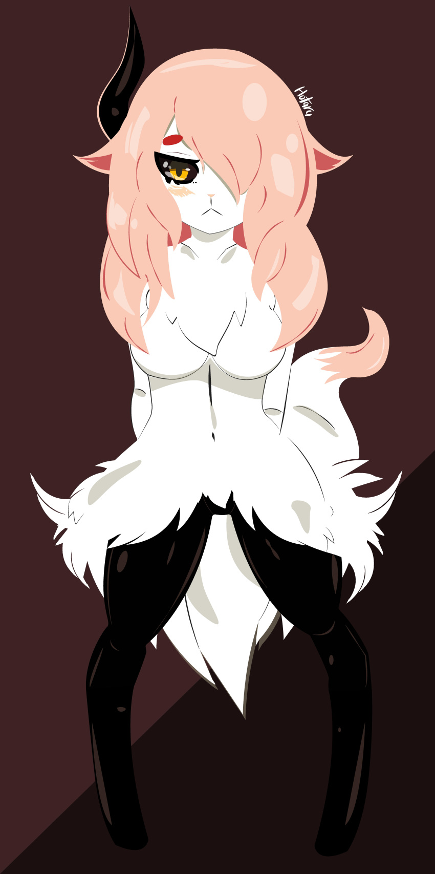 absurd_res black_legs black_sclera blush breasts eyelashes female fur hair hi_res horn horo_yuu hotaru pink_hair pink_nose solo video_games white_body white_fur yellow_eyes