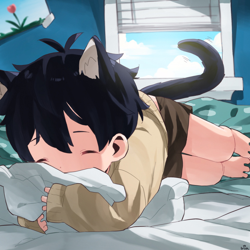 animal_humanoid bed black_hair blue_sky bottomwear cat_humanoid clothed clothing cloud day eyes_closed felid felid_humanoid feline feline_humanoid fur furniture hair hi_res holding_pillow humanoid inside mammal mammal_humanoid monotone_tail motion_lines on_bed sky solo thebrushking topwear window young