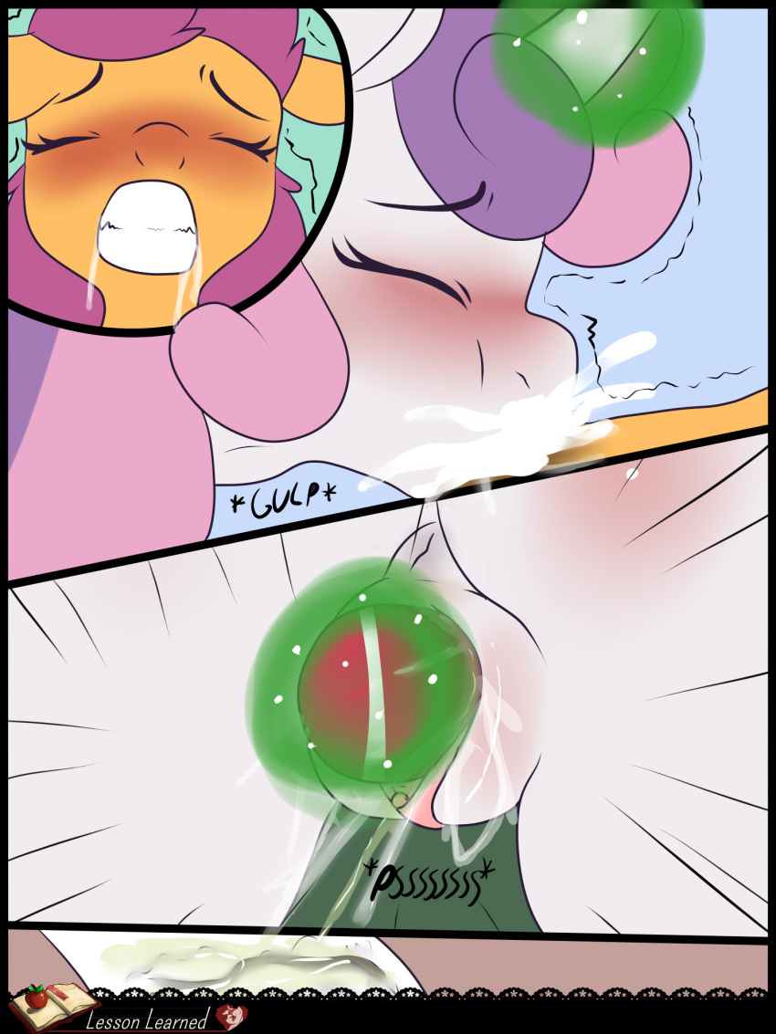 2014 anthro anus blush bodily_fluids boltswift comic cum cum_in_mouth cum_inside dildo drooling ejaculation equid eyes_closed female friendship_is_magic genital_fluids genitals hasbro hi_res mammal masturbation my_little_pony neck_bulge penetration pussy pussy_ejaculation pussy_juice saliva scootaloo_(mlp) sex_toy sweetie_belle_(mlp) vaginal vaginal_penetration