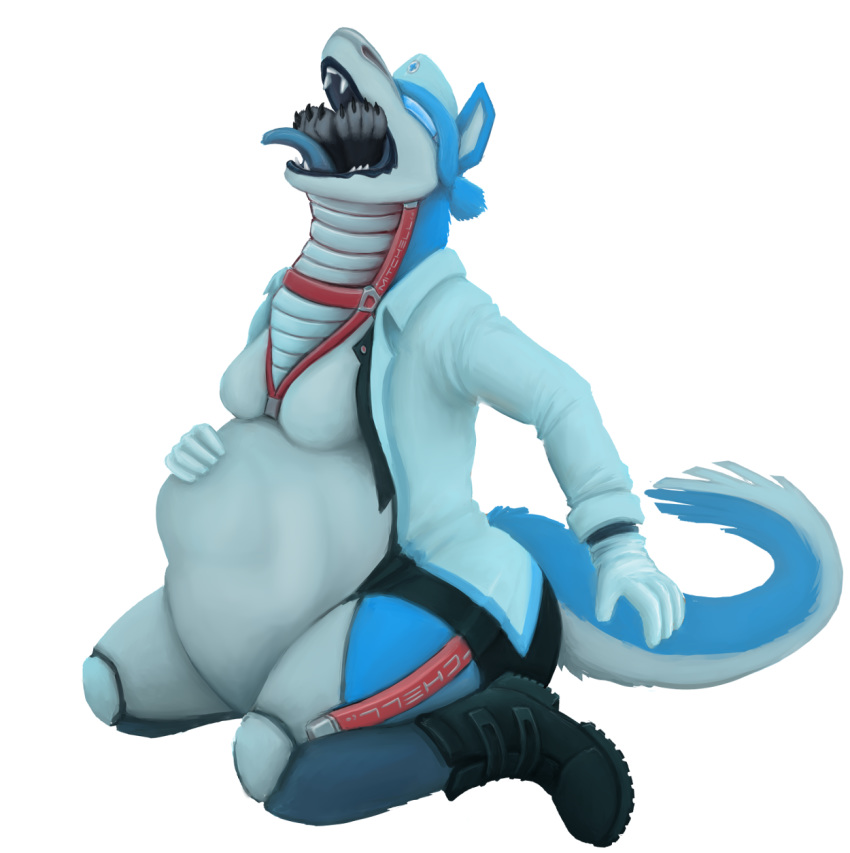 2019 5_fingers abdominal_bulge alpha_channel ambiguous_gender ambiguous_prey anthro barefoot belly big_belly biped black_boots black_claws blue_body blue_fur blue_tongue boots breasts canid canine claws clothed clothing coat countershade_torso countershading digital_drawing_(artwork) digital_media_(artwork) duo eyes_closed fangs female female_focus female_pred fingers fluffy fluffy_tail footwear fur gloves grey_body grey_countershading grey_fur hair hand_on_stomach handwear hat headgear headwear hi_res kneeling leia_mitchell_(verkele) long_tail machine mammal multicolored_body multicolored_fur nurse nurse_hat nurse_uniform open_mouth oral_vore partially_clothed paws robot scales short_hair side_view simple_background small_breasts soft_vore solo_focus teeth three-quarter_view tongue tongue_out topwear transparent_background tuft uniform verkele visor vore