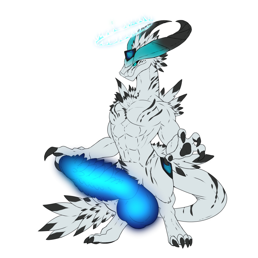 absurd_res anthro balls big_balls big_penis blood_soul_tyrant_(character) blue_penis claws digitigrade dragon exalted feathers forehead_gem fur genitals glowing glowing_genitalia glowing_penis halo hi_res horn huge_balls huge_penis hyper hyper_balls hyper_genitalia hyper_penis male penis solo undeadkitty13 white_body white_fur