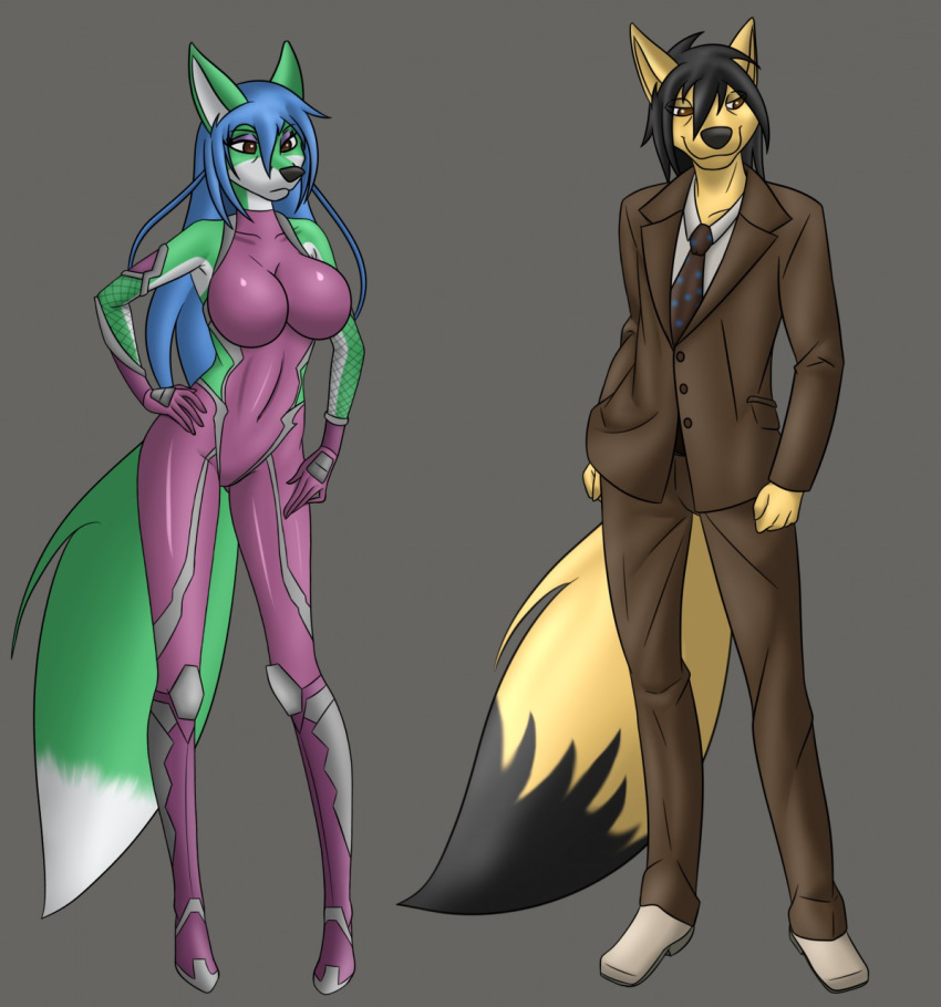 anthro aventis aventis_vixxx black_hair blue_hair breasts brown_eyes canid canine canis clothed clothing cosplay coyote doctor_who female fox fur green_body green_fur hair hi_res male male/female mammal ruben_(djcoyoteguy) skintight_bodysuit taimanin_asagi the_doctor yellow_body yellow_fur