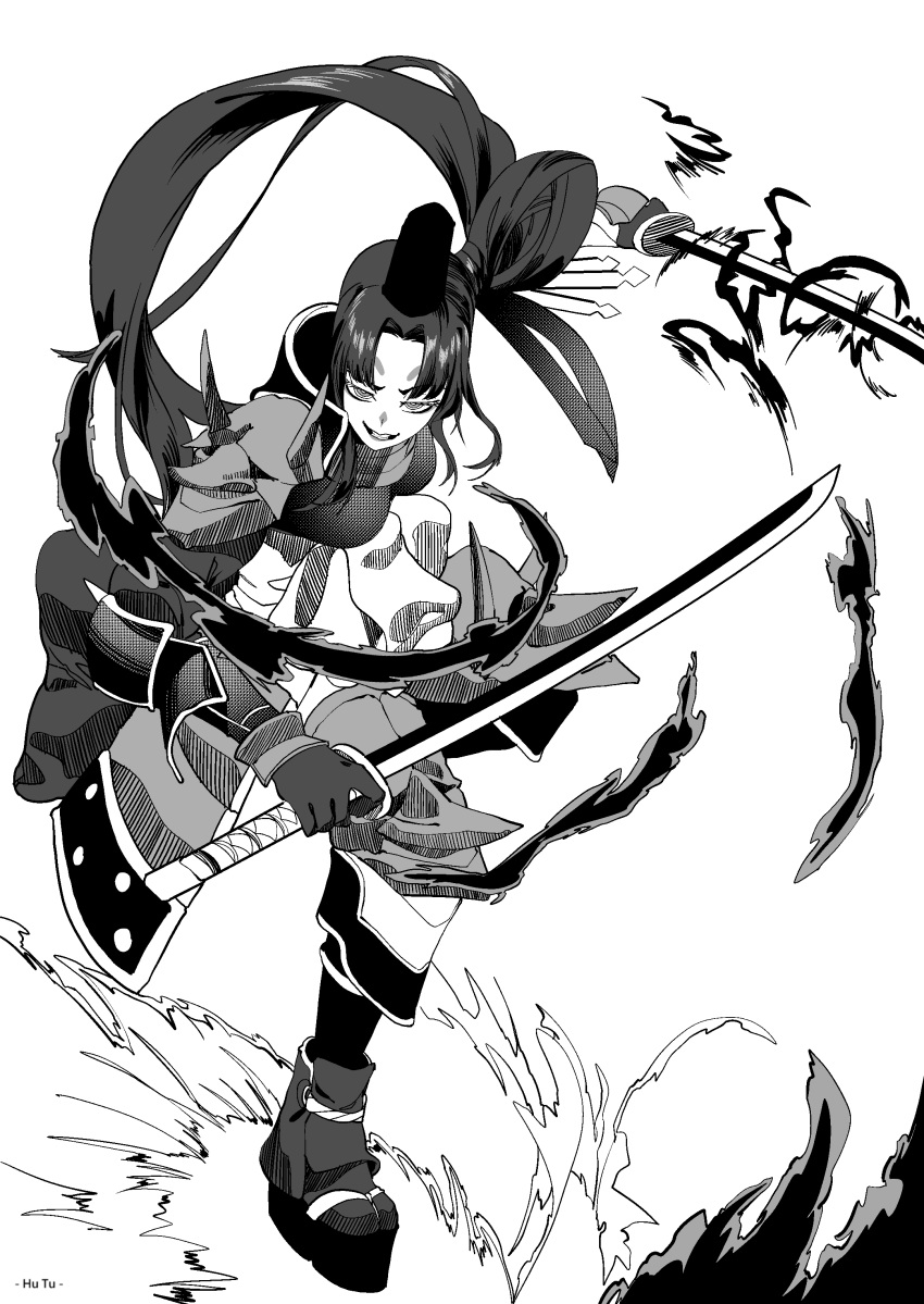 1girl absurdres armor bangs black_hair breasts fate/grand_order fate_(series) gloves greyscale hat highres hu_tu japanese_armor katana long_hair makeup monochrome parted_bangs sandals side_ponytail sidelocks smile solo sword taira_no_kagekiyo_(fate) tate_eboshi ushiwakamaru_(fate) very_long_hair weapon