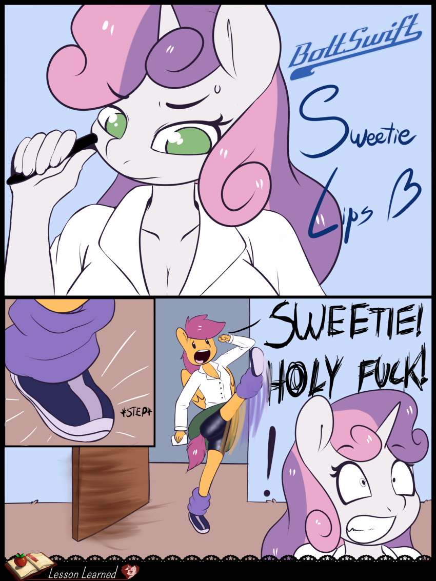 2014 anthro bodily_fluids boltswift breasts cleavage clothed clothing comic dialogue duo equid female friendship_is_magic hasbro hi_res mammal my_little_pony pen scootaloo_(mlp) sweat sweetie_belle_(mlp)