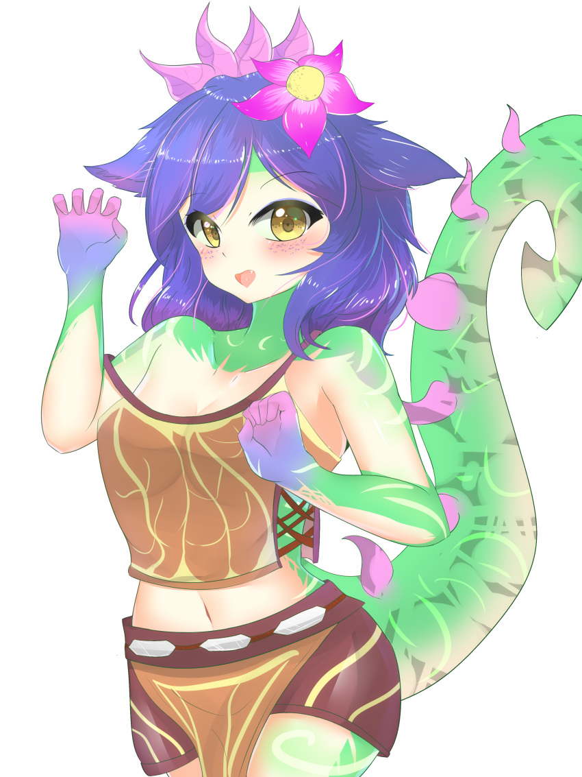 5_fingers absurd_res accessory animal_humanoid bottomwear breasts chameleon_humanoid clothed clothing eyebrow_through_hair eyebrows female fingers flower flower_in_hair green_tail hair hair_accessory hi_res humanoid league_of_legends lizard_humanoid looking_at_viewer mofuron4504 navel neeko_(lol) open_mouth plant reptile reptile_humanoid riot_games scalie scalie_humanoid simple_background solo tongue topwear translucent translucent_hair video_games white_background