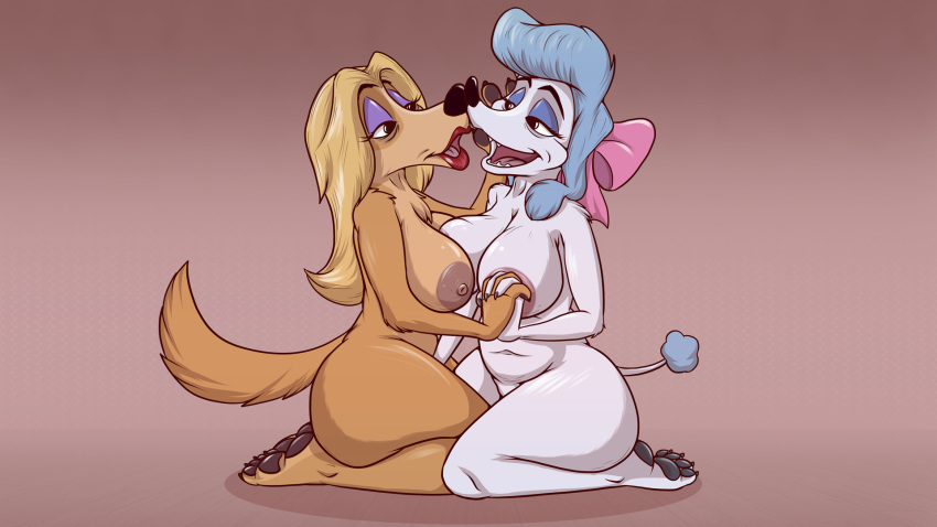 16:9 2020 anthro anthrofied areola big_breasts blonde_hair blue_body blue_fur blue_hair bow breasts canid canine canis claws curvy_figure disney domestic_dog duo eyebrows eyelashes eyeshadow female female/female fur georgette_(disney) hair half-closed_eyes hi_res hyenatig_(artist) jungledyret_hugo lips lipstick long_hair makeup mammal mature_female miss_nutzi narrowed_eyes navel nipples old oliver_and_company open_mouth pawpads poodle slightly_chubby smile tongue white_body white_fur wide_hips widescreen