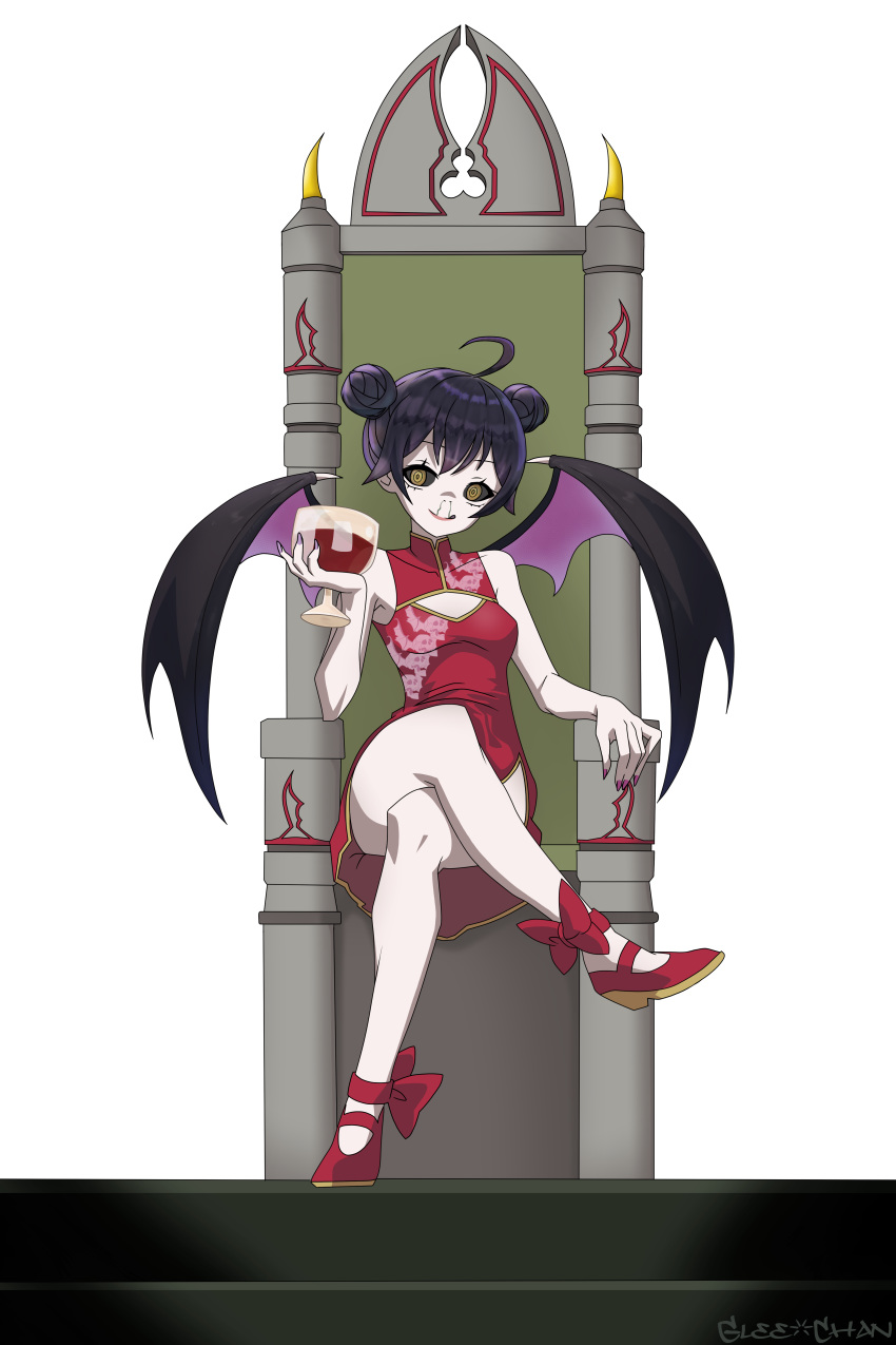 absurd_res alpha_channel asian_clothing black_eyes bodily_fluids chair chinese_clothing chinese_dress chiropteran clothing corona-chan crossed_legs dress east_asian_clothing female footwear furniture glee-chan hair hair_buns hi_res humanoid mammal membrane_(anatomy) membranous_wings purple_hair red_clothing red_dress red_footwear red_shoes shoes signature simple_background sitting snot solo throne transparent_background wine_glass winged_humanoid wings yellow_eyes