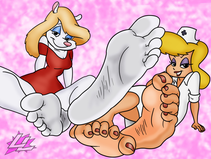 animaniacs anthro barefoot blonde_hair clothed clothing duo feet female foot_focus fur hair hello_nurse hi_res human lazzylad looking_at_viewer mammal minerva_mink mink mustelid musteline nurse smile soles toes warner_brothers white_body white_fur