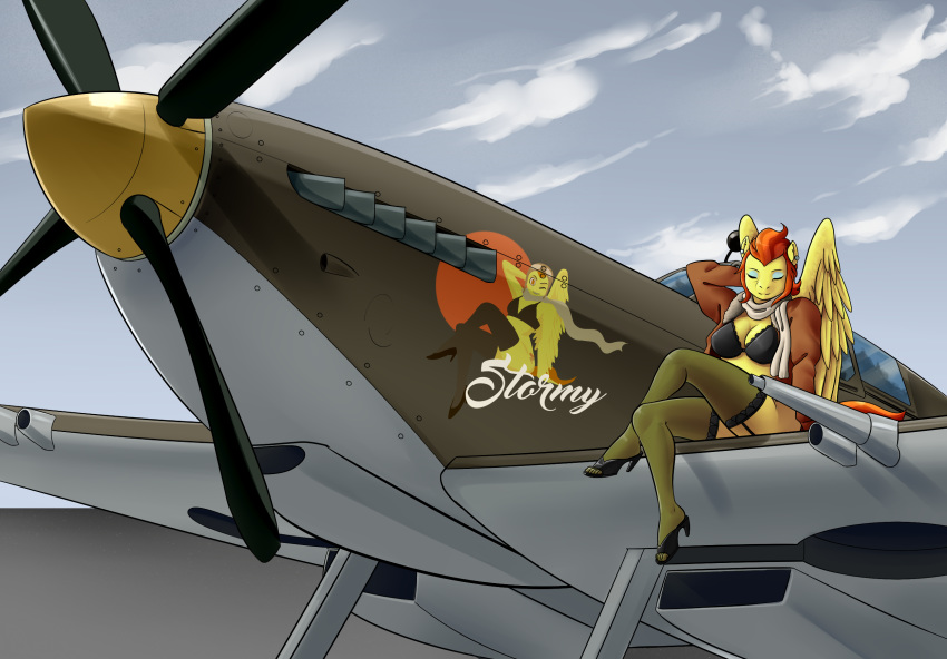 aircraft airplane anthro anthrofied big_breasts bra breasts clothing crossed_legs cyrus_physhor equid female friendship_is_magic hasbro hi_res legwear lingerie mammal mature_female my_little_pony solo spitfire spitfire_mk_ix stockings stormy_flare_(mlp) underwear