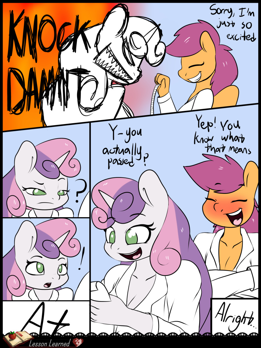 ! 2014 ? anthro blush boltswift breasts cleavage clothed clothing comic dialogue duo equid female friendship_is_magic hasbro hi_res horn mammal my_little_pony orange_body scootaloo_(mlp) sweetie_belle_(mlp) unicorn white_body