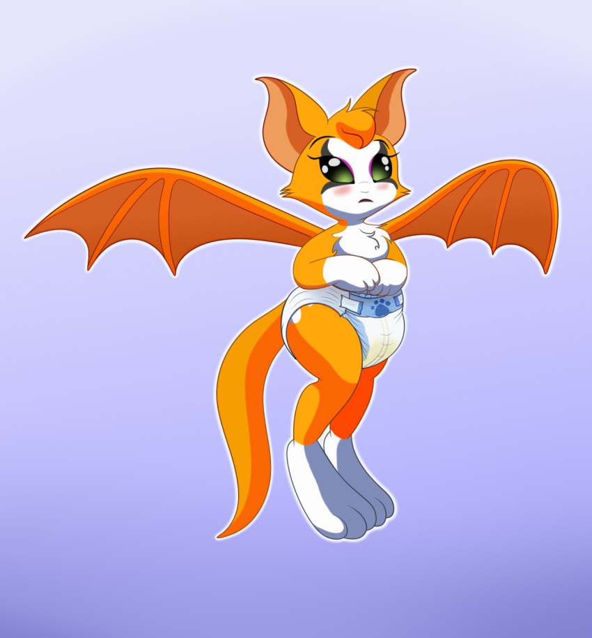 anthro blush bodily_fluids chiropteran diaper digitigrade dust:_an_elysian_tail female fidget flying genital_fluids hi_res hodgepodgedl mammal nimbat open_mouth solo urine uring video_games wet_diaper wetting wings