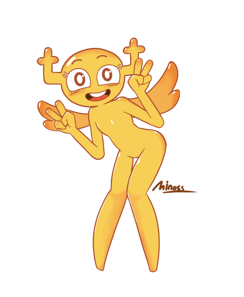 2019 4_fingers absurd_res blush butt cartoon_network fairy female fingers gesture hi_res horn humanoid looking_at_viewer mammal minoss nude open_mouth penny_fitzgerald pose red_eyes simple_background smile solo standing teeth the_amazing_world_of_gumball tongue v_sign white_background wide_hips wings yellow_body