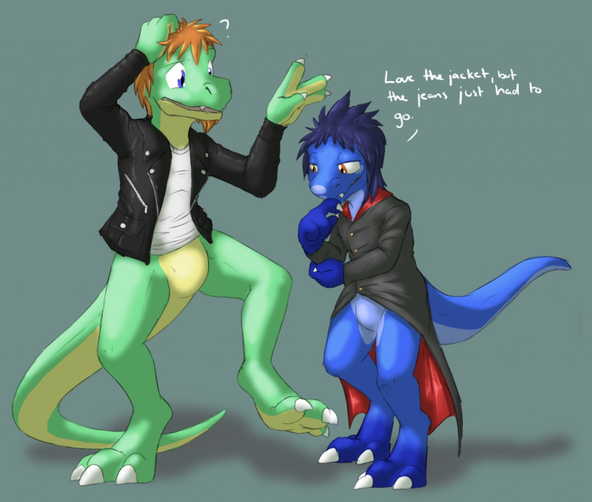 after_transformation anthro bottomless clothed clothing digitigrade dinosaur dromaeosaurid duo featureless_crotch jacket kyrio long_coat male reptile scalie shirt t-shirt theropod thick_tail topwear