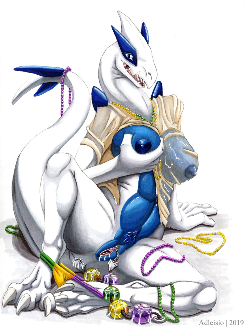 2020 adleisio anal_beads anal_juice anthro avian beads bird breast_grab breasts carnival_(holiday) clitoris clitoris_piercing clothing drippy female genital_piercing genitals grope hand_on_breast hi_res holidays legendary legendary_pok&eacute;mon lugia mardi_gras messy necklaces nintendo piercing pok&eacute;mon pok&eacute;mon_(species) pussy pussy_piercing sex_toy shirt solo t-shirt topwear traditional_media_(artwork) video_games wet wet_clothing wet_shirt wet_topwear