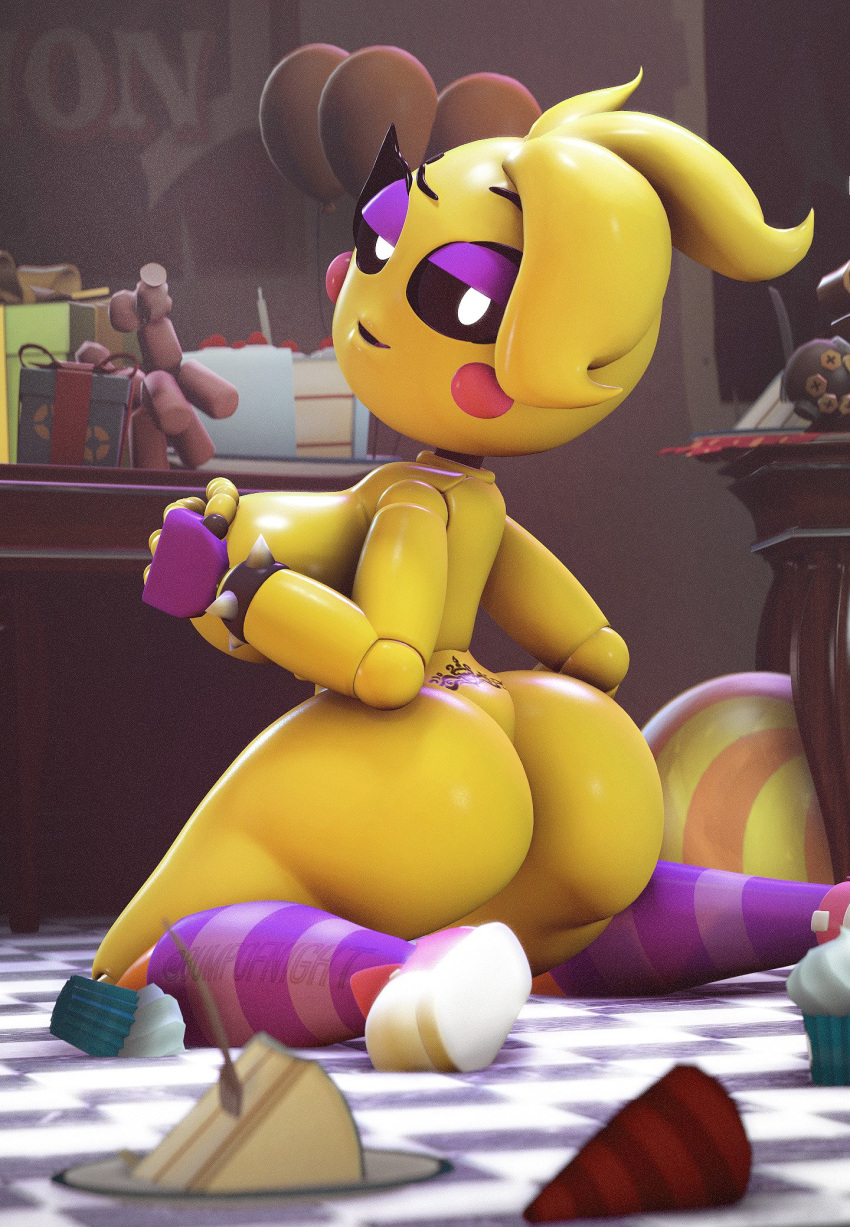3d_(artwork) animatronic avian big_breasts big_butt black_sclera bracelet breasts bumpofnight_(artist) butt cake clothing covering covering_breasts cupcake detailed_background digital_media_(artwork) five_nights_at_freddy's five_nights_at_freddy's_2 food footwear half-closed_eyes hand_on_breast hat headgear headwear hi_res jewelry kneeling legwear looking_at_viewer looking_back machine narrowed_eyes nude party_hat pattern_clothing pattern_legwear robot seductive shoes spiked_bracelet spikes striped_clothing striped_legwear stripes tattoo thick_thighs toy_chica_(fnaf) tramp_stamp video_games
