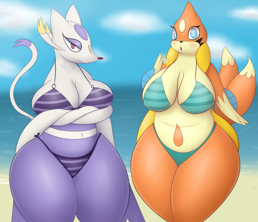 2017 anthro beach belly big_breasts bikini blue_eyes blush breasts clothed clothing crossed_arms dipstick_tail duo female floatzel fur looking_at_viewer mienshao multi_tail multicolored_body multicolored_fur multicolored_tail nintendo orange_body orange_fur outside pandashorts partially_clothed pok&eacute;mon pok&eacute;mon_(species) purple_body purple_fur red_eyes seaside sky smile swimwear tan_body tan_fur thick_thighs two_tone_body two_tone_fur video_games water white_body white_fur