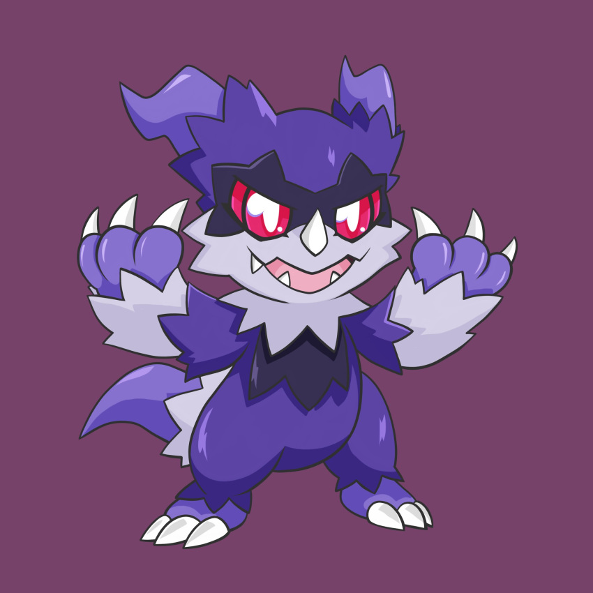 2019 ambiguous_gender blue_body claws digimon digimon_(species) fusion galarian_zigzagoon hi_res markings nintendo open_mouth pok&eacute;mon pok&eacute;mon_(species) purple_background red_eyes regional_form_(pok&eacute;mon) simple_background teeth tipsydoodlez toe_claws veemon video_games white_claws zigzagoon