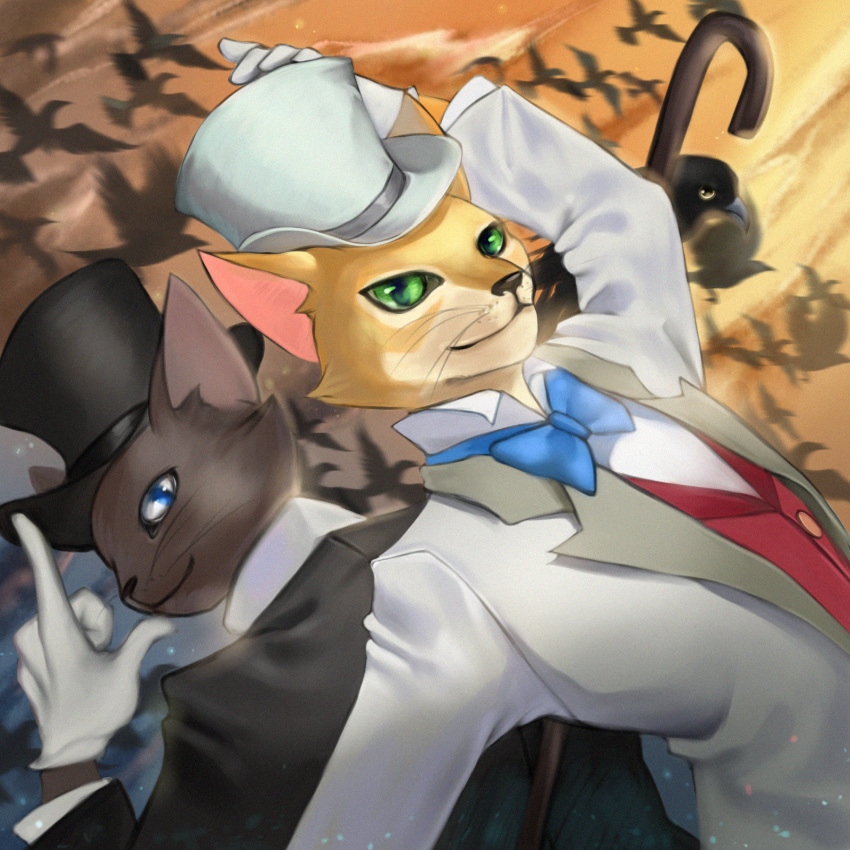 avian baron_humbert_von_gikkingen bird black_body black_fur black_nose blue_eyes bow_tie cane clothed clothing corvid corvus_(genus) crow domestic_cat duo felid feline felis fully_clothed fur ghibli gloves grainy green_eyes handwear hat headgear headwear hi_res kun_(artist) looking_at_viewer male mammal suit tan_body tan_fur the_cat_returns top_hat whiskers white_clothing white_gloves