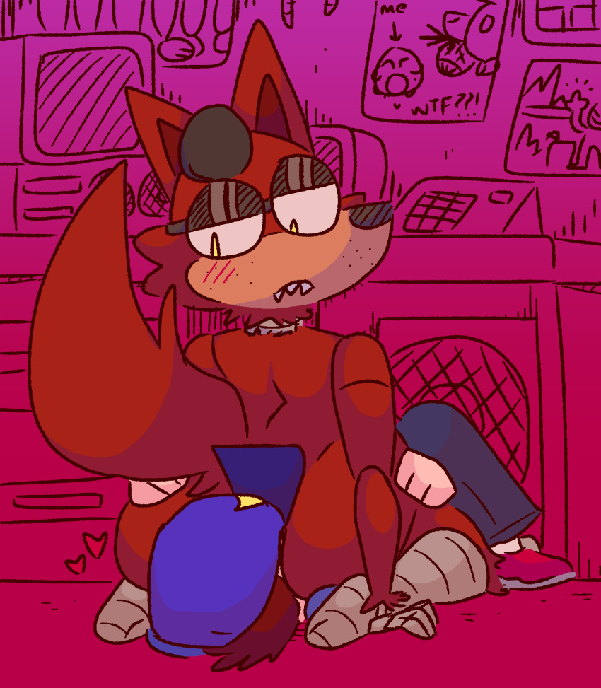 &lt;3 2019 absurd_res animatronic anthro blue_clothing blue_hat blue_headwear blush canid canine clothing disinterested_sex drawings duo eye_patch eyewear facesitting five_nights_at_freddy's fluffy fluffy_tail footwear fox foxy_(fnaf) freckles fur hat headgear headwear hi_res human human_on_anthro humanoid interspecies looking_back looking_down machine male male/male mammal phone purple_background qoolguyart red_background red_body red_clothing red_footwear red_fur red_shoes robot security_guard sharp_teeth shoes simple_background teeth television_screen video_games workplace yellow_eyes