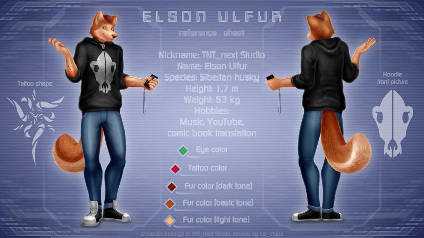 anthro bottomwear brown_nose canid canine canis clothing domestic_dog elson_ulfur footwear fur green_eyes hair hoodie husky jeans la_volpe male mammal model_sheet nordic_sled_dog orange_body orange_fur pants phone shoes smile sneakers solo spitz tattoo text topwear
