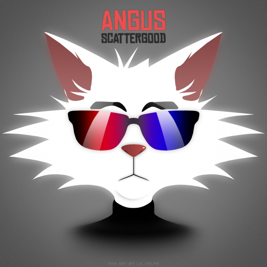 abstract angus_scattergood black_glasses clothing domestic_cat eyewear felid feline felis fur glasses hi_res la_volpe male mammal pink_nose rock_dog solo text white_body white_fur