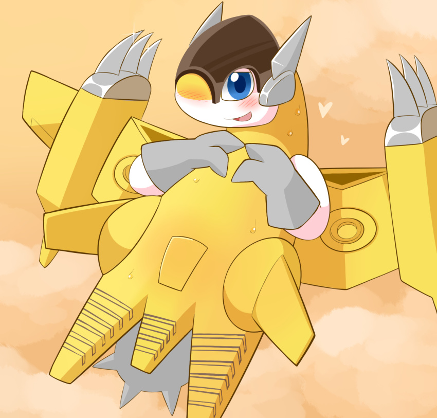 aircraft airplane ambiguous_gender armor avian bird blue_eyes blush clothing digimon digimon_(species) driosawm feral gloves handwear headgear hi_res living_aircraft living_machine living_vehicle looking_at_viewer machine open_mouth simple_background smile solo sparrowmon tongue vehicle wings yellow_body
