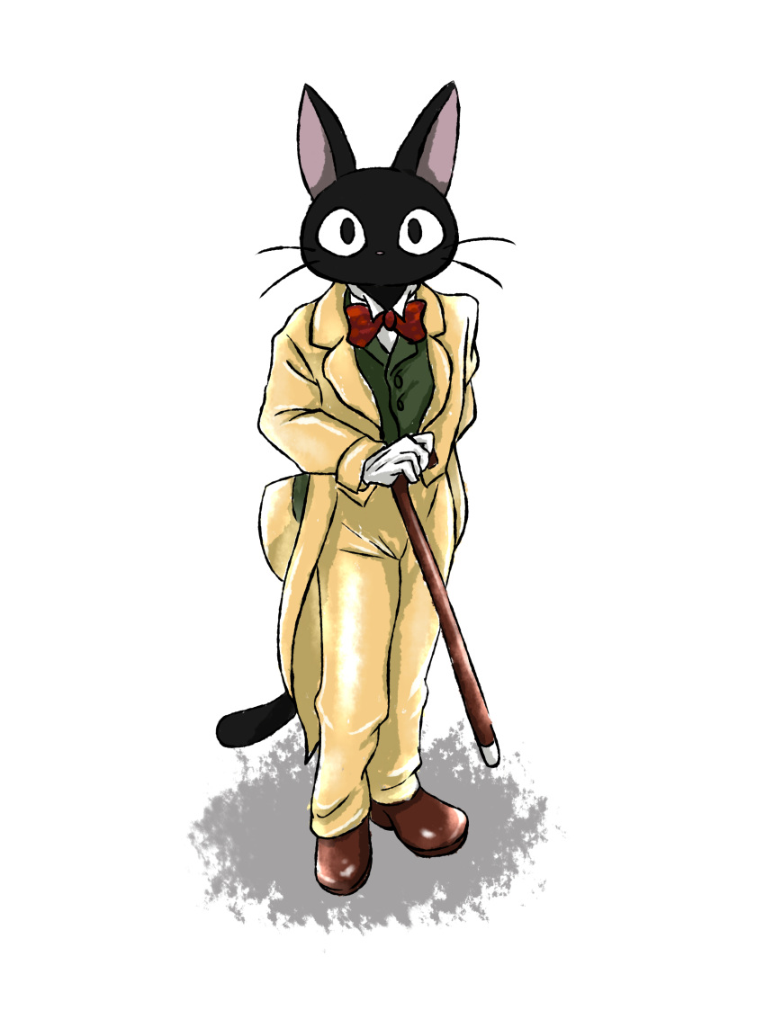 absurd_res black_body black_fur bow_tie cane clothed clothing domestic_cat felid feline felis footwear fully_clothed fur ghibli handwear hat headgear headwear hi_res jiji_(kds) kiki's_delivery_service looking_at_viewer male mammal nikonio_hitsuji pink_nose shoes simple_background solo standing suit top_hat whiskers whisper_of_the_heart white_background