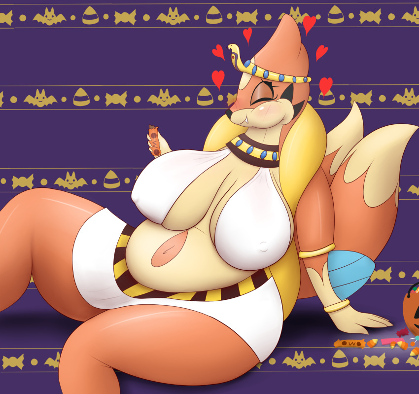 &lt;3 2017 accessory anthro belly big_breasts blush bottomwear bra bracelet breasts candy clothed clothing costume dipstick_tail eyes_closed female floatzel food fur happy headband hi_res jewelry multi_tail multicolored_body multicolored_fur multicolored_tail neck_ring nintendo nipple_outline nipples orange_body orange_fur owo pandashorts partially_clothed pattern_background pok&eacute;mon pok&eacute;mon_(species) purple_background simple_background sitting slightly_chubby solo tan_body tan_fur thick_thighs two_tone_body two_tone_fur underwear video_games