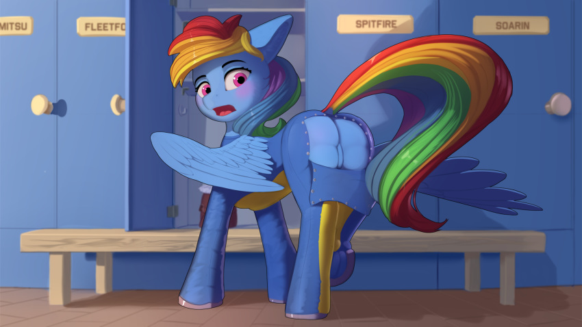 16:9 2020 blue_body blue_feathers butt_flap clothed clothed_feral clothing digital_media_(artwork) discordthege equid equine feathered_wings feathers female feral friendship_is_magic hi_res locker locker_room looking_at_viewer looking_back mammal my_little_pony open_mouth pterippus rainbow_dash_(mlp) shadow solo text wardrobe_malfunction widescreen wings
