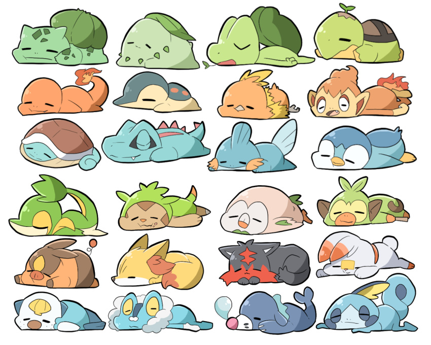 ambiguous_gender amphibian avian back_markings beak black_body black_nose blue_body brown_nose bulbasaur canid canine charmander chespin chibi chikorita chimchar curled_tail cyndaquil eyes_closed felid feline fennekin fire freckles froakie grass green_body grookey group head_markings hi_res lagomorph litten lying mammal markings mudkip nintendo on_front open_mouth orange_body oshawott pink_nose piplup pok&eacute;mon pok&eacute;mon_(species) popplio primate reptile rowlet scalie scorbunny shell simple_background sleeping snivy snoring sobble spikes squirtle starter_trio suid suina sus_(pig) tepig torchic totodile treecko turtwig video_games white_background white_body yellow_eyes