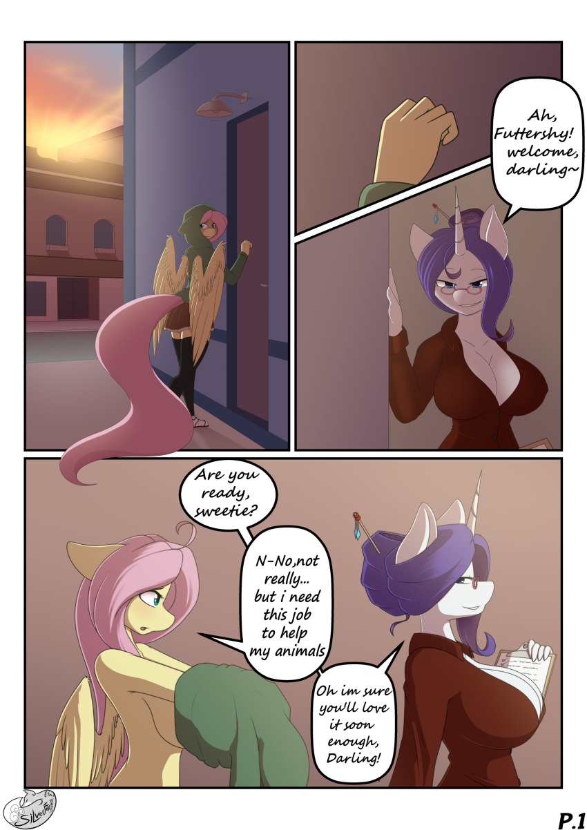 2020 absurd_res anthro blue_eyes clipboard clothed clothing comic detailed_background dialogue door duo english_text equid equine eyewear female fluttershy_(mlp) friendship_is_magic glasses hi_res horn legwear mammal my_little_pony pterippus rarity_(mlp) side_view silverfox057 text undressing unicorn wings