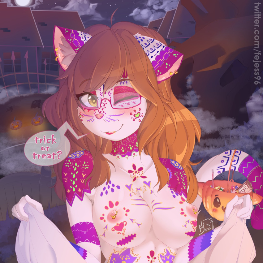 amber_eyes anthro breasts brown_hair detailed_background ear_piercing ear_ring eyewear fejess96 felid feline female fluffy_ears glasses hair halloween hanging_breasts hi_res holidays jessica_(fejess96) lifting_clothing mammal markings nipple_piercing nipples piercing pink_glasses pink_nipples pointy_nose presenting presenting_breasts smile solo trick_or_treat winking_at_viewer