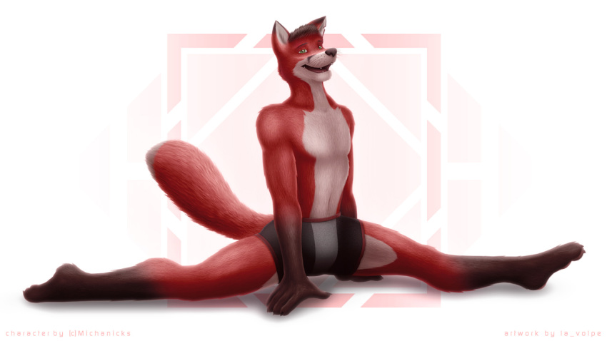 (fursona) 16:9 anthro black_hair black_nose canid canine claws clothed clothing flexibility flexible fox fur hair la_volpe looking_at_viewer male mammal michanicks_(fursona) portrait red_body red_fur russian smile solo splits spread_legs spreading toe_claws topless underwear widescreen