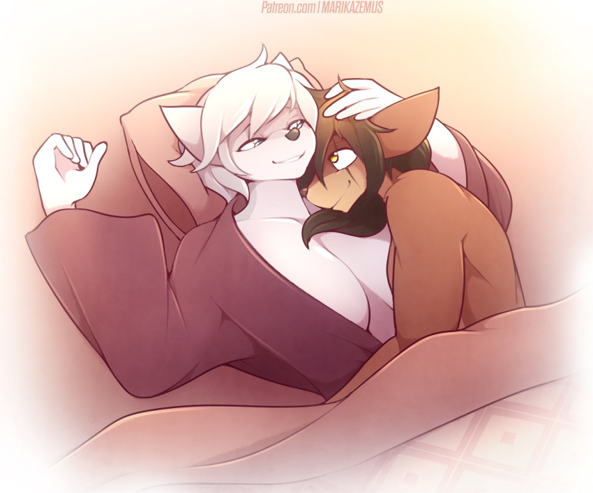 amber_eyes bed breasts canid canine cleavage clothed clothing cuddling duo eye_scar female fox furniture hi_res karma_faye laying_on_bed lying male mammal marik_azemus34 on_back scar scar_reach