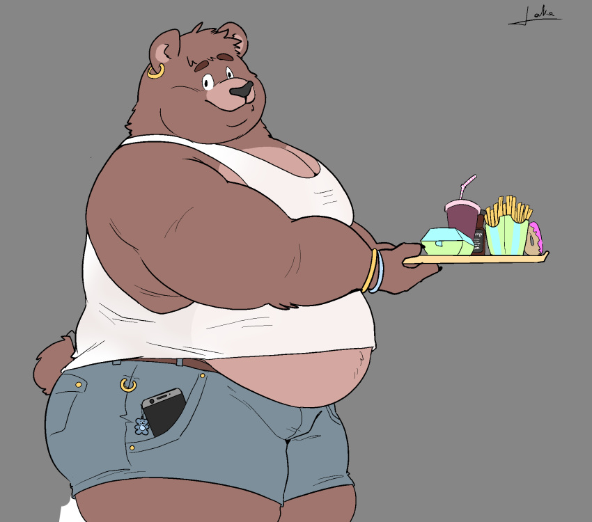 anthro belly bracelet brown_bear brown_body brown_fur butt cellphone chubby_cheeks claws clothing dewlap_(anatomy) double_chin doughnut ear_piercing ear_ring food fries fur hi_res holding_object holding_tray jewelry lakalando male mammal moobs musclegut muscular muscular_male obese obese_male overweight overweight_male phone piercing smartphone smile solo thick_thighs tight_clothing tray ursid ursine