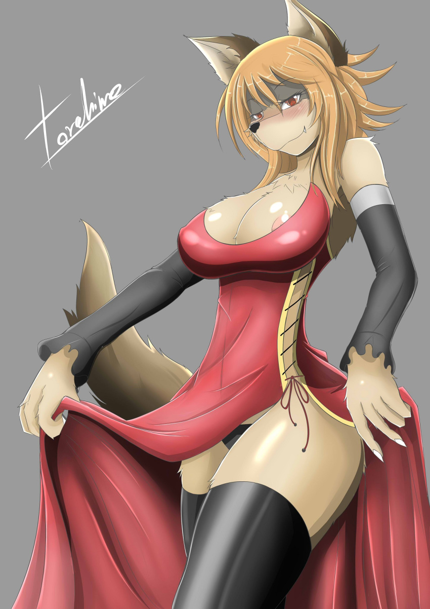 anthro areola areola_slip armwear black_clothing black_legwear black_nose black_panties black_underwear blush breasts canid canine clothing dress female fur hair hi_res holding_clothing legwear mammal nipple_outline panties red_clothing red_dress thigh_highs torahime underwear