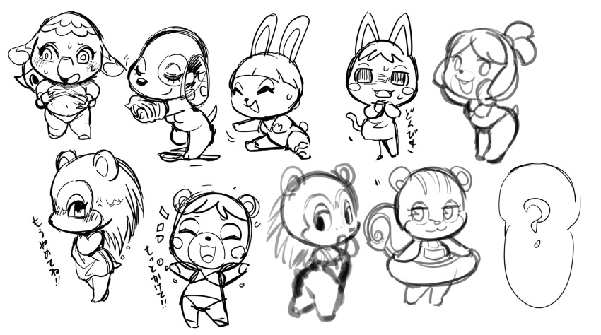 ? animal_crossing belly_grab bikini blaire_(animal_crossing) bluebear_(animal_crossing) blush blush_stickers bodily_fluids bonbon_(animal_crossing) canid canine canis cherry_(animal_crossing) clothed clothing cross-popping_vein domestic_cat domestic_dog dress duo ear_markings elephant elephantid eulipotyphlan eye_markings eyelashes eyes_closed facial_markings fangs felid feline felis female freckles fully_clothed group hair head_markings hedgehog hi_res human inner_tube isabelle_(animal_crossing) japanese_swimsuit japanese_text labelle_able lagomorph leotard leporid lidded_eyes looking_at_viewer mammal margie_(animal_crossing) markings muzzle_(marking) navel nintendo nude open_mouth open_smile proboscidean rabbit rodent rosie_(animal_crossing) sciurid simple_background sitting sketch slightly_chubby smile standing stretching sweat sweatdrop swimwear text translation_request undressing ursid uyu vein video_games villager_(animal_crossing) white_background