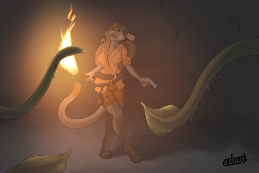 a_story_with_a_known_end adventure anthro askart brown_body brown_eyes cave cloth clothed clothing dark female fire gun hi_res long_ears nipples open_mouth paws pigtails ranged_weapon ripli rosie_severens scared solo spikes tentacles torch weapon webcomic