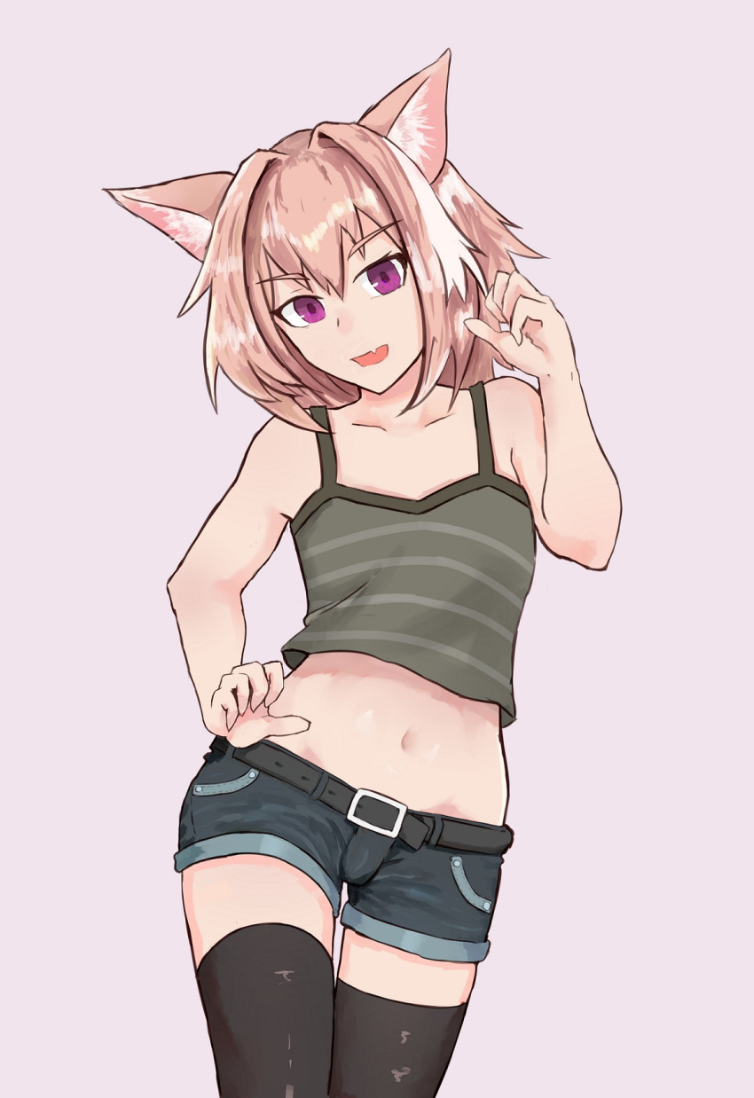 5_fingers absolute_territory alternate_species animal_humanoid belt bottomwear cat_humanoid clothed clothing fate_(series) felid felid_humanoid feline feline_humanoid fingers fur girly hair hi_res humanoid legwear looking_at_viewer m4nzel male mammal mammal_humanoid midriff multicolored_hair navel open_mouth pink_body pink_eyes pink_fur pink_hair portrait rider_of_black shorts simple_background solo standing thigh_highs three-quarter_portrait white_hair