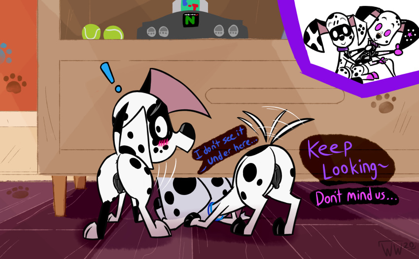 ! 101_dalmatian_street 101_dalmatians 2020 animal_genitalia animal_pussy anus ball bent_over black_body black_fur blush butt canid canine canine_pussy canis collar dalmatian dee_dee_(101_dalmatians) digital_media_(artwork) disney dizzy_(101_dalmatians) domestic_dog duo_focus english_text fan_character female feral fur gaming genitals gesture group hi_res looking_at_viewer looking_back male mammal nintendo nintendo_64 pink_eyes presenting presenting_hindquarters pussy smile spots tailwag tennis_ball text thumbs_up video_games white_body white_fur whitewolf20xx young