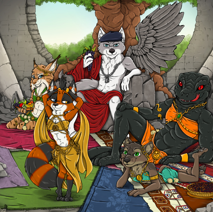 3_toes 4_fingers anthro arten_reichtum bad_guy_cafe black_body black_skin blue_eyes brown_body brown_fur canid canine canis carpet chain chair dagonn dog_tags euplerid felid feline fingers food fossa fox foxoon fruit fur furniture green_eyes grey_body grey_fur group hi_res hybrid jewelry kiro_(kiroyal) komodo_dragon lizard lynx male male/male mammal mick_fries monitor_lizard pie piercing pillars plant procyonid raccoon red_eyes reptile ruins sand_fur scales scalie simon_fossa stones stripes throne toes tongue tree wolf yellow_eyes ziegelzeig