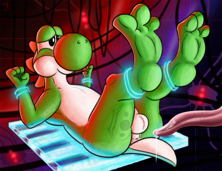 2020 3_toes 4_fingers anthro anus balls barefoot bdsm black_eyes bondage bound butt detailed_background dinosaur feet fingers fol foot_focus genitals green_body green_scales green_yoshi hi_res hindpaw imminent_anal imminent_sex laboratory lying machine male mario_bros nintendo on_back paws penis puffy_anus reptile robot scales scalie science soles solo solo_focus tattoo tentacles toes video_games worried yoshi