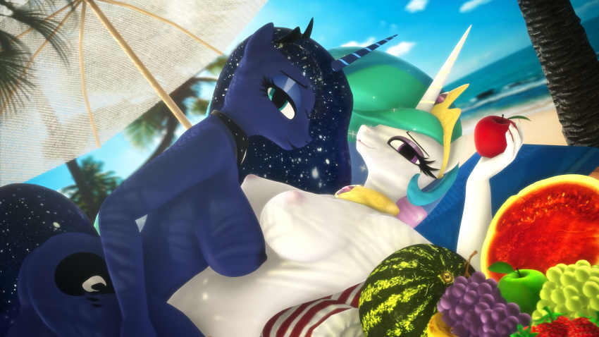 3d_(artwork) absurd_res anthro anthrofied apple beach blue_eyes breasts butt collar cosmic_hair crown cutie_mark digital_media_(artwork) duo dutch_angle equid ethereal_hair female female/female food friendship_is_magic fruit grape hair hi_res holding_food holding_object horn incest looking_at_viewer loveslove lying mammal melon multicolored_hair my_little_pony on_back outside plant princess_celestia_(mlp) princess_luna_(mlp) pseudo_hair purple_eyes seaside sibling sister sisters smile strawberry umbrella watermellon watermelon winged_unicorn wings