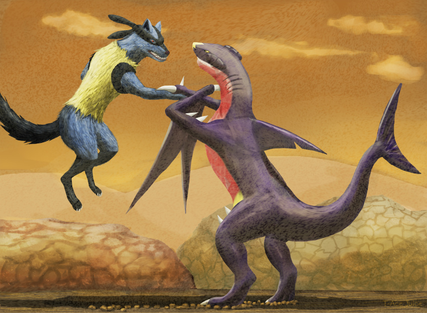 2020 angry battle claws digital_media_(artwork) duo feral fight fin garchomp hi_res looking_at_another lucario male nintendo pok&eacute;mon pok&eacute;mon_(species) pokemon_dppt realistic t-ace_juice teeth video_games