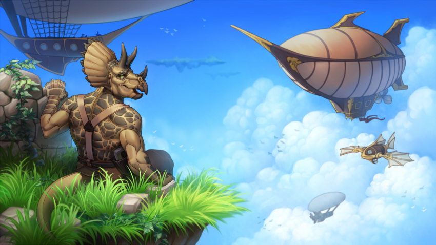 aircraft airship ceratopsian clothed clothing cloud digital_media_(artwork) dinosaur grass kahito-slydeft looking_back open_mouth ornithischian reptile scalie sitting sky solo tongue triceratops