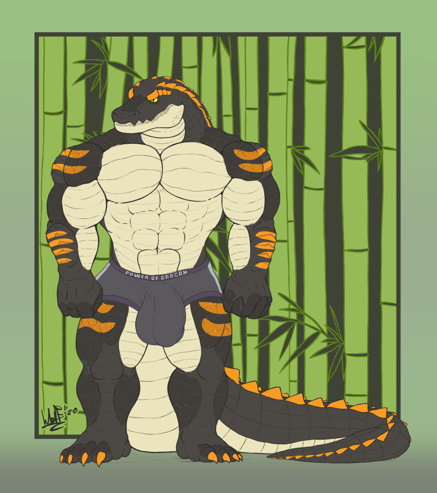 2020 abs absurd_res anthro big_bulge black_body bulge claws crocodile crocodilian crocodylid detailed_background gradient_background green_background hi_res long_tail looking_aside male markings muscular orange_claws reptile scalie signature simple_background standing styx_(wolfarion) thick_tail white_body wolfarion yellow_eyes