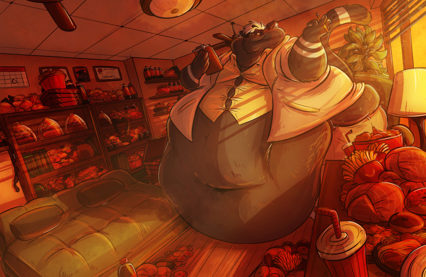anthro belly belly_overhang beverage big_belly black_body black_fur bookshelf cake calendar cephy chubby_cheeks clipboard clothed clothing detailed_background dewlap_(anatomy) double_chin doughnut fatglaz felid food fries fur furniture hair hi_res holding_clipboard holding_object holding_pencil hyper hyper_belly inside love_handles male mammal midriff moobs morbidly_obese morbidly_obese_male navel obese obese_male overweight overweight_male pantherine pasta pencil_(object) smile solo spaghetti standing straining_buttons suit suspenders tight_clothing white_hair wide_hips window
