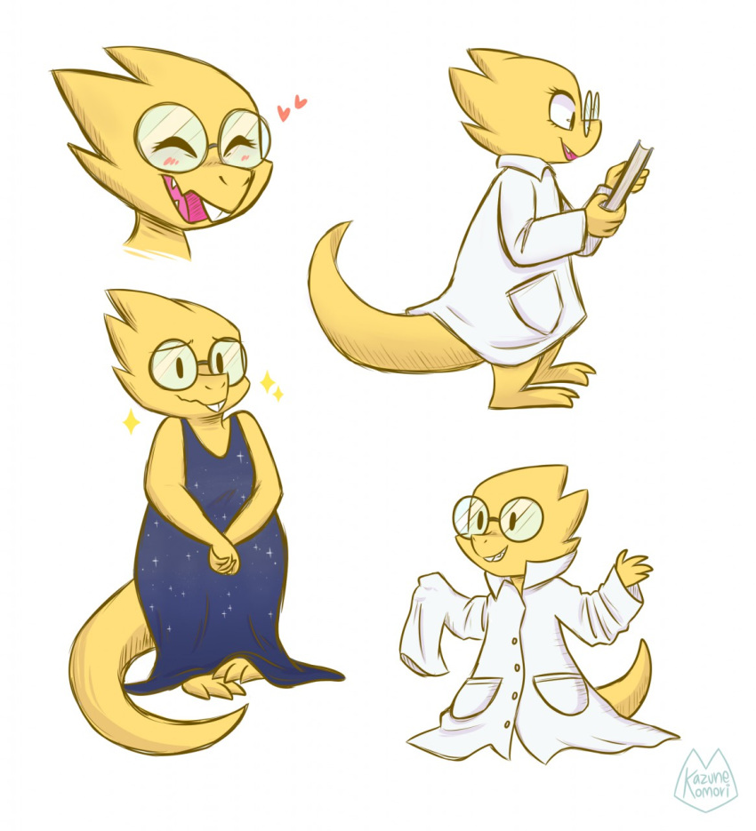 &lt;3 alphys anthro baggy_clothing blush book buckteeth clothing coat dress eyes_closed eyewear female glasses grin hi_res kazunekomori lab_coat open_mouth open_smile pigeon_toed reptile scales scalie sharp_teeth smile solo teeth thick_tail topwear undertale video_games yellow_body yellow_scales