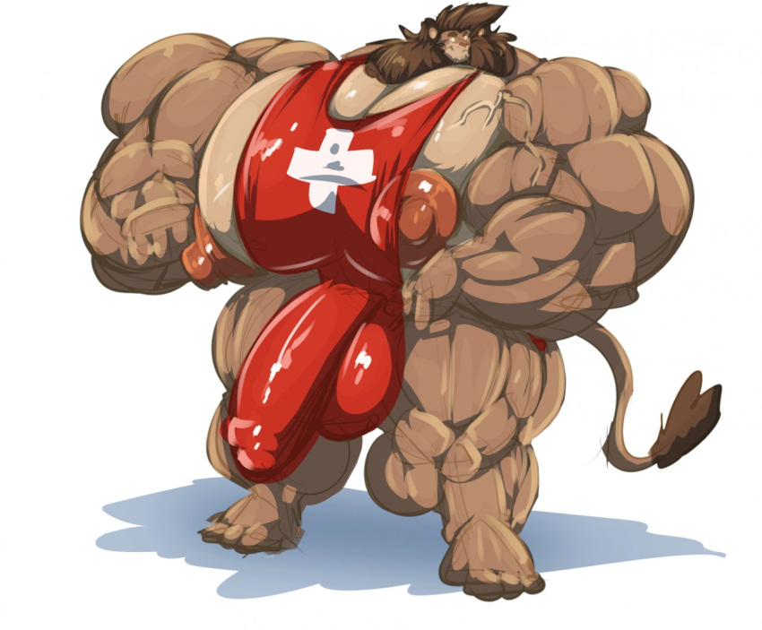 anthro balls big_balls big_bulge big_muscles big_penis bobert brown_hair bulge clothing felid genitals hair huge_balls huge_bulge huge_muscles huge_penis hyper hyper_balls hyper_bulge hyper_genitalia hyper_muscles hyper_pecs hyper_penis lion male mammal muscular nipples pantherine penis simple_background smile solo swimwear veiny_muscles white_background